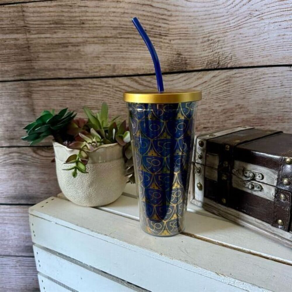 Disney 50th Anniversary Gold & Blue Tumbler with Straw